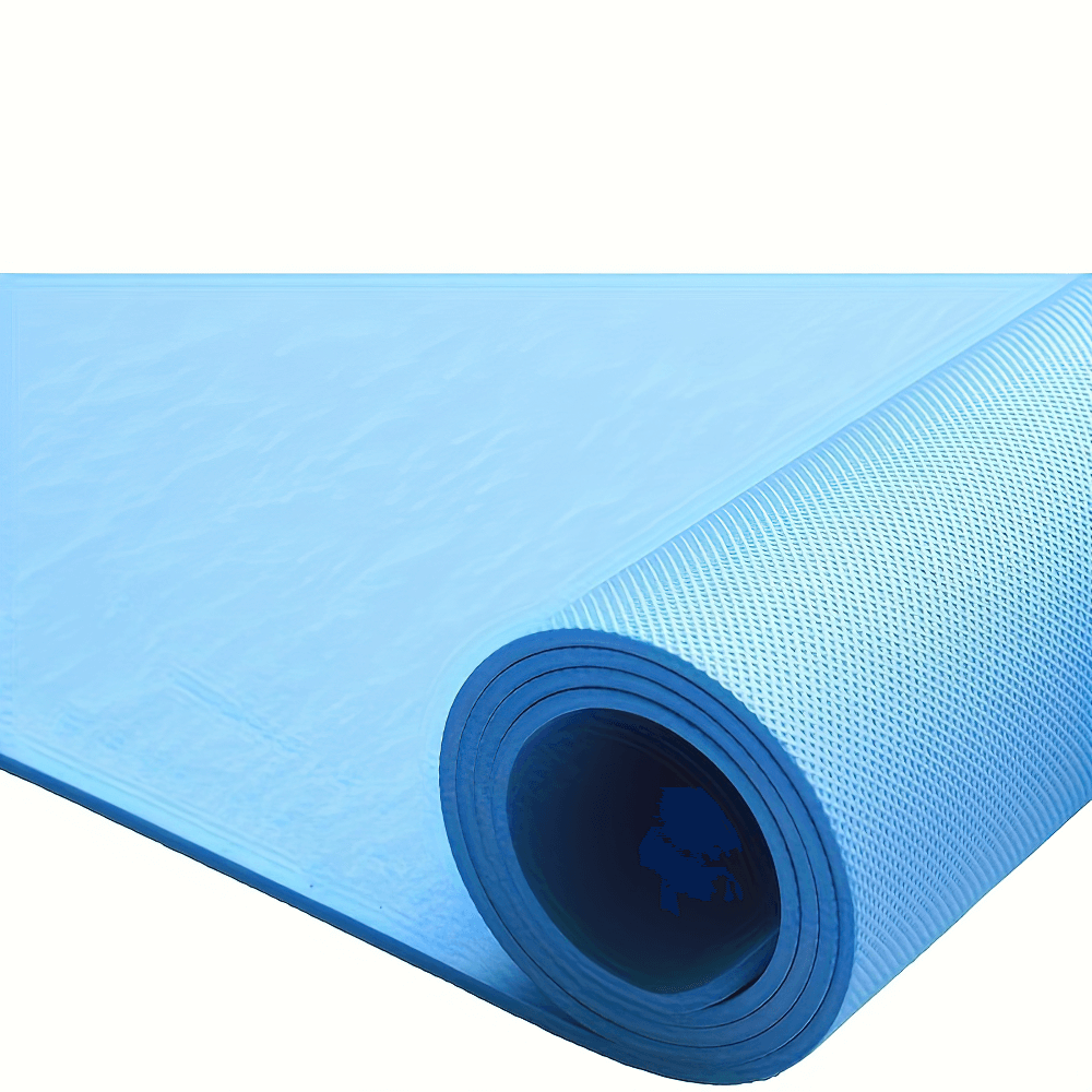 Blue non-slip yoga mat for Pilates and home workouts, made from durable EVA, rolled and ready for exercise.