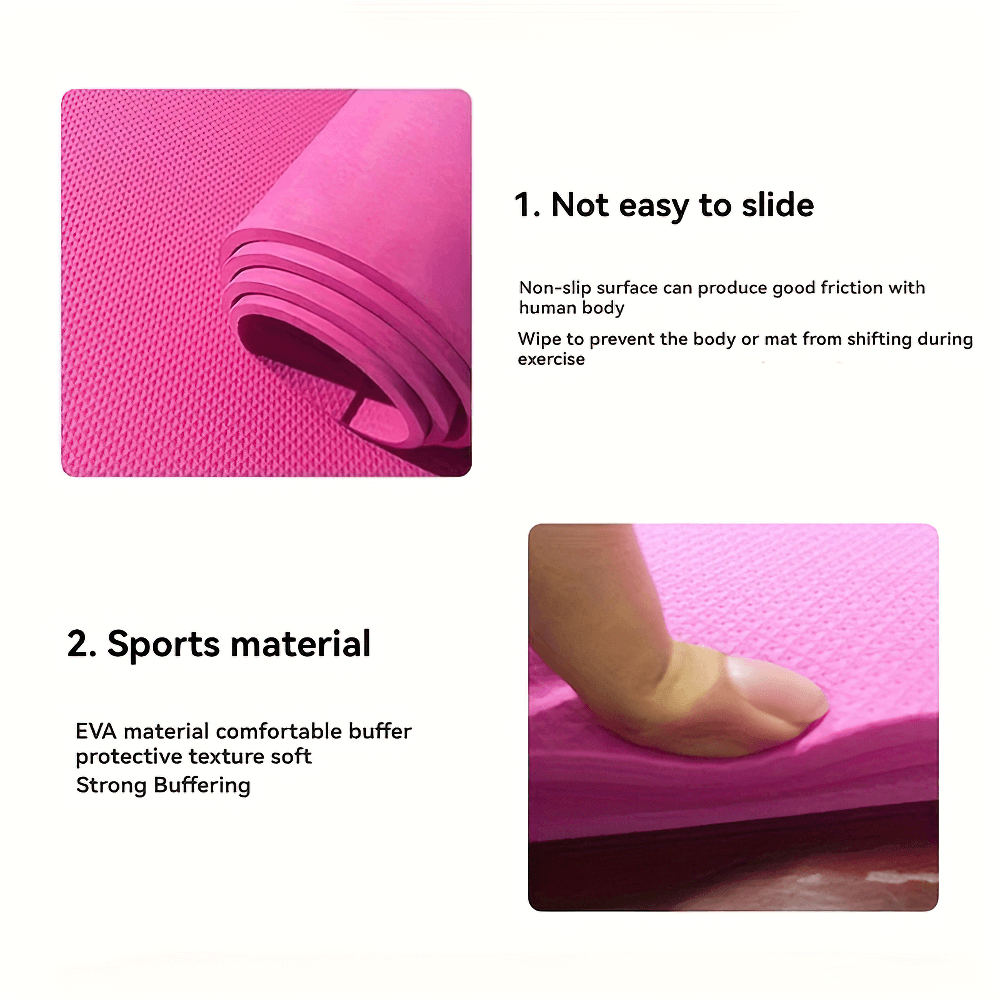 Close-up of a pink non-slip yoga mat with EVA texture detail, highlighting durability and grip for safe workouts.