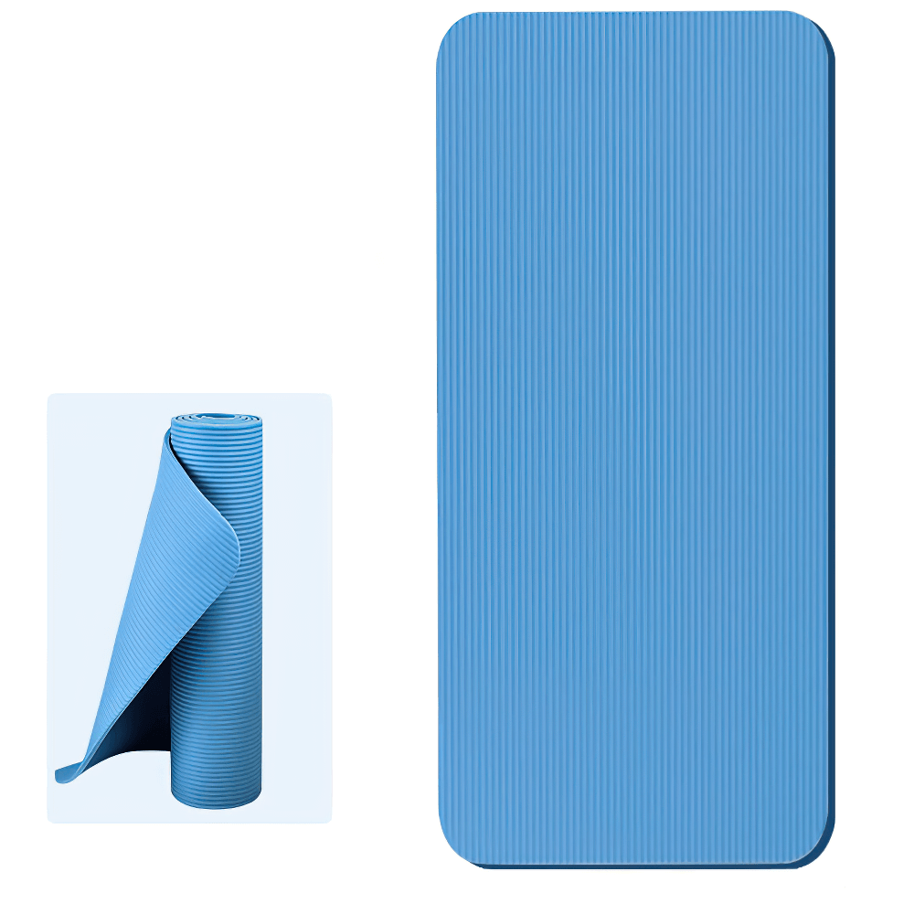 Blue non-slip yoga mat for Pilates and workouts, rolled and laid flat, showcasing durable EVA material and textured grip surface.