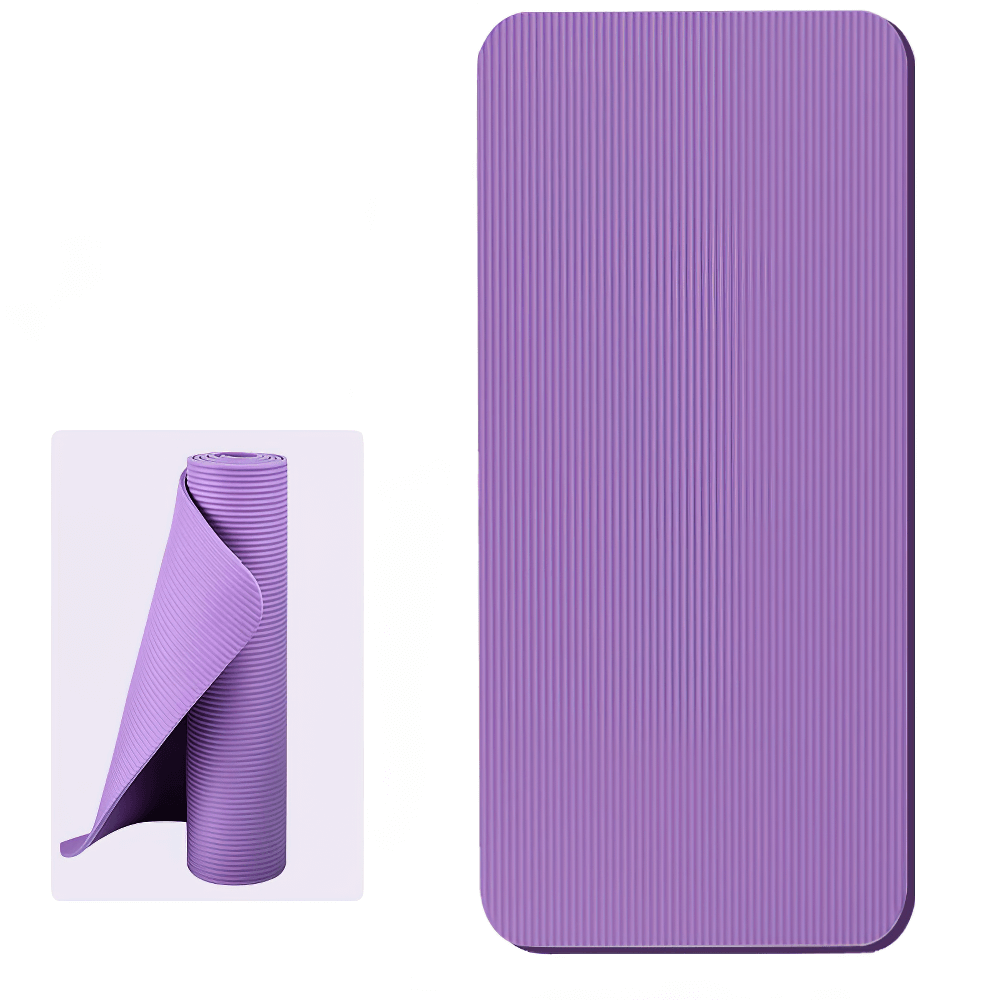 Purple non-slip yoga mat for Pilates and home workouts, made from durable EVA, rolled and unrolled view. Perfect for stability and support.