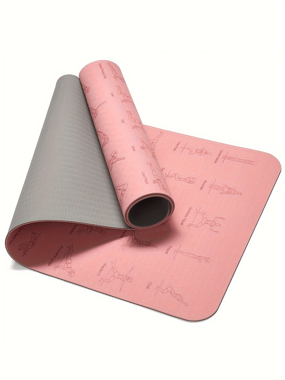 Eco-friendly pink yoga mat with illustrated poses, featuring non-slip TPE material for grip and alignment support.