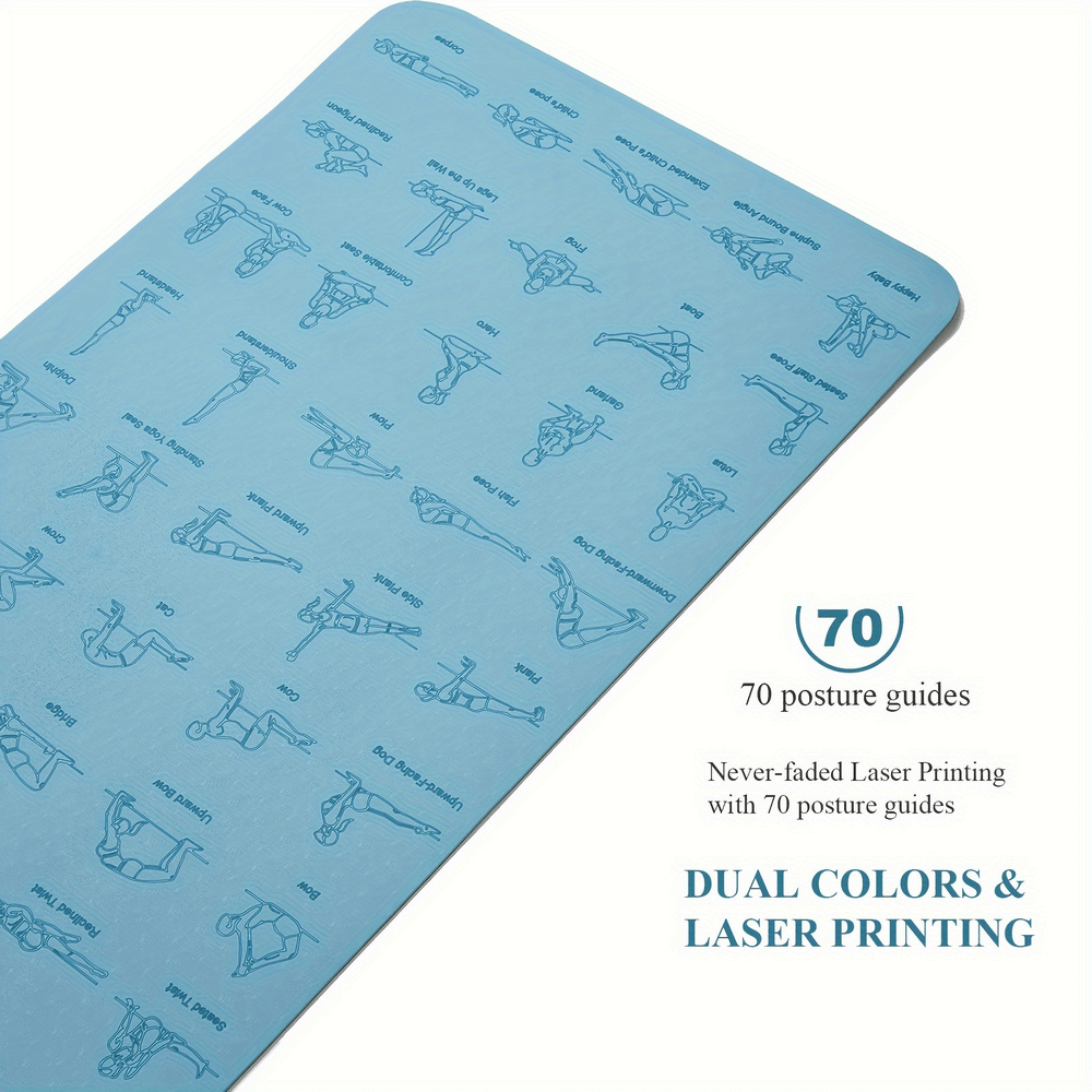 Eco-friendly TPE yoga mat with non-slip texture, featuring 70 illustrated yoga poses and dual color laser printing for home, gym, studio.