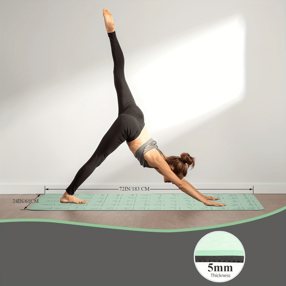 Woman practicing yoga on a non-slip mat with illustrated poses, showcasing 5mm thickness and eco-friendly design in a bright room.