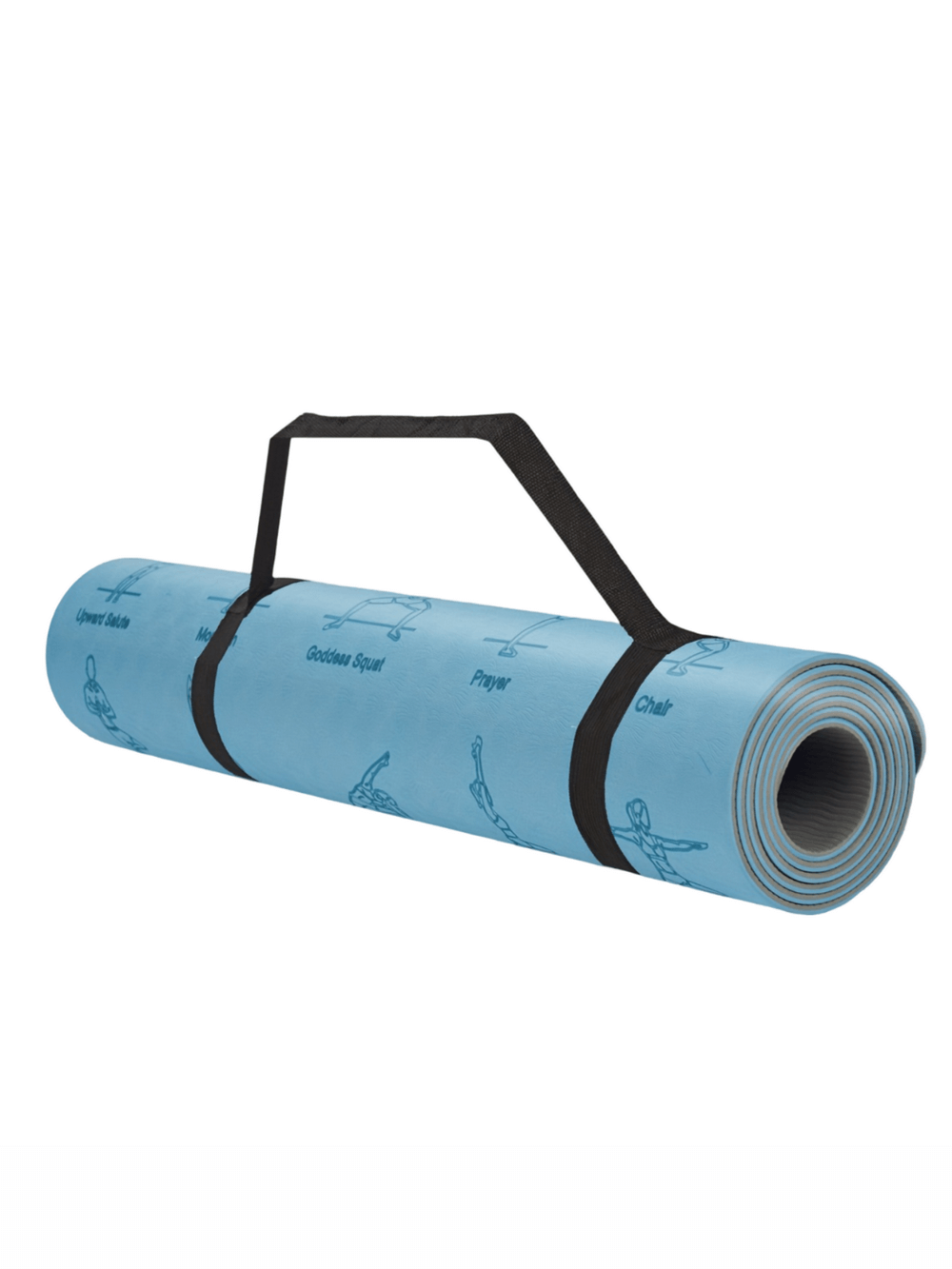 Blue non-slip yoga mat with illustrated poses and black carrying strap, designed for eco-friendly grip and alignment support.