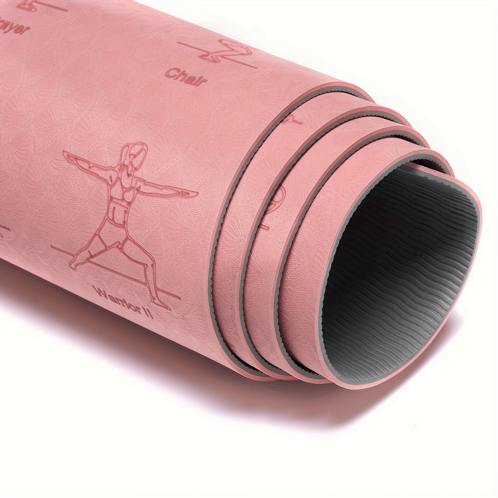 Eco-friendly non-slip yoga mat with illustrated poses for perfect alignment and grip support, rolled up, pink color.