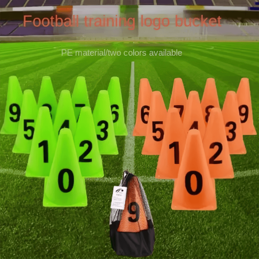 Colorful numbered football training cones with net bag for agility drills on a grass field.