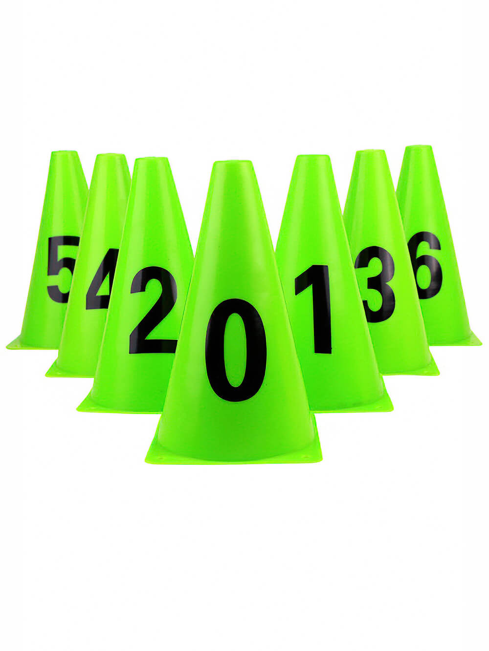 Bright green numbered football training cones, SF3202, for agility drills with bold digits; includes a mesh bag for easy storage.