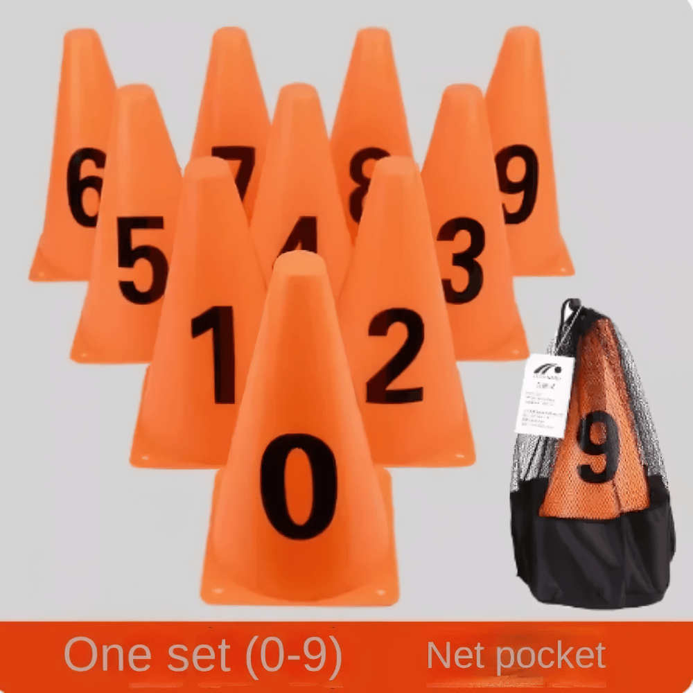 Numbered football training cones set with net bag, for agility and field marking. Includes numbers 0-9 for sports drills.