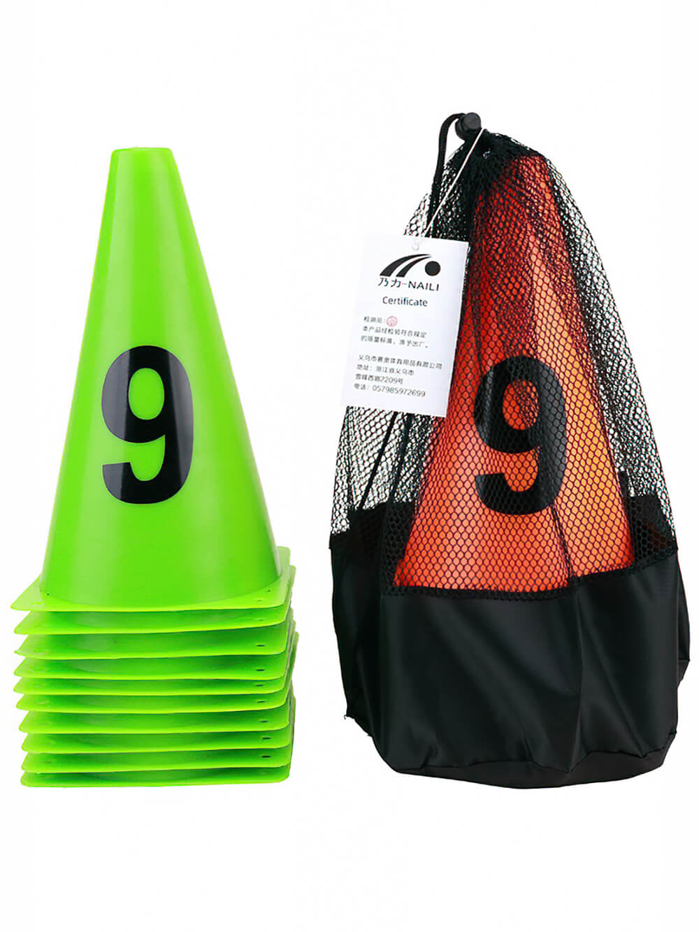 10-piece set of numbered football training cones with mesh bag for agility drills and field marking, featuring bold digits and stability.