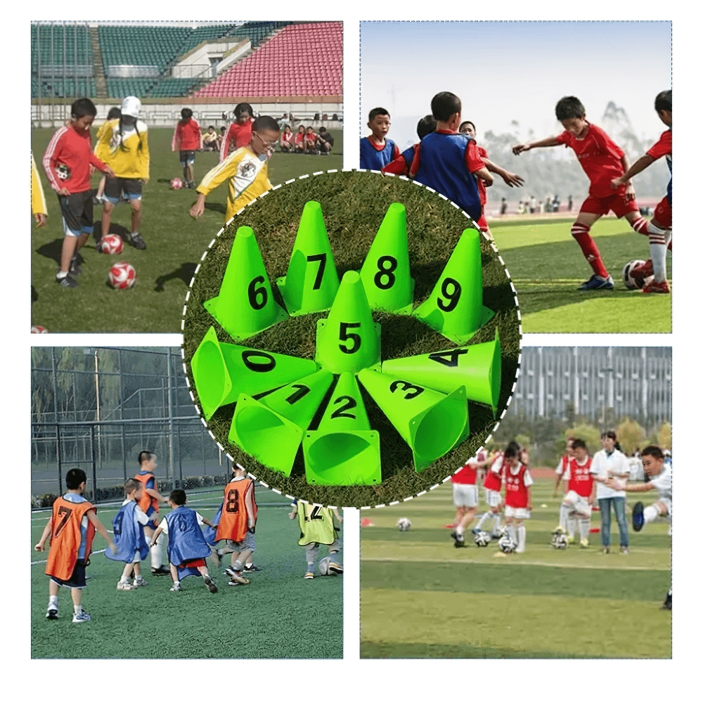 Children playing football using SF3202 numbered training cones for agility and field marking, with mesh bag for easy storage.