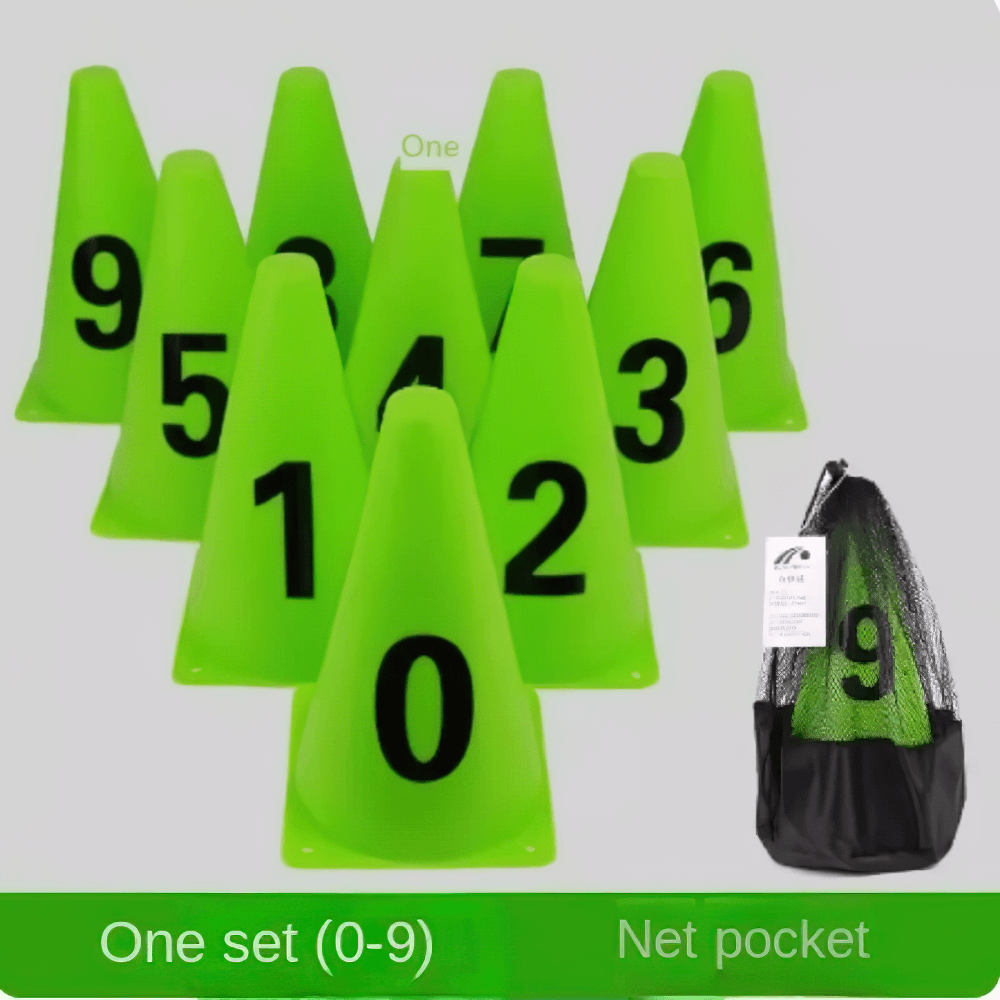 Set of 10 green numbered football training cones with mesh bag, ideal for sports drills and field marking. Numbers 0-9.
