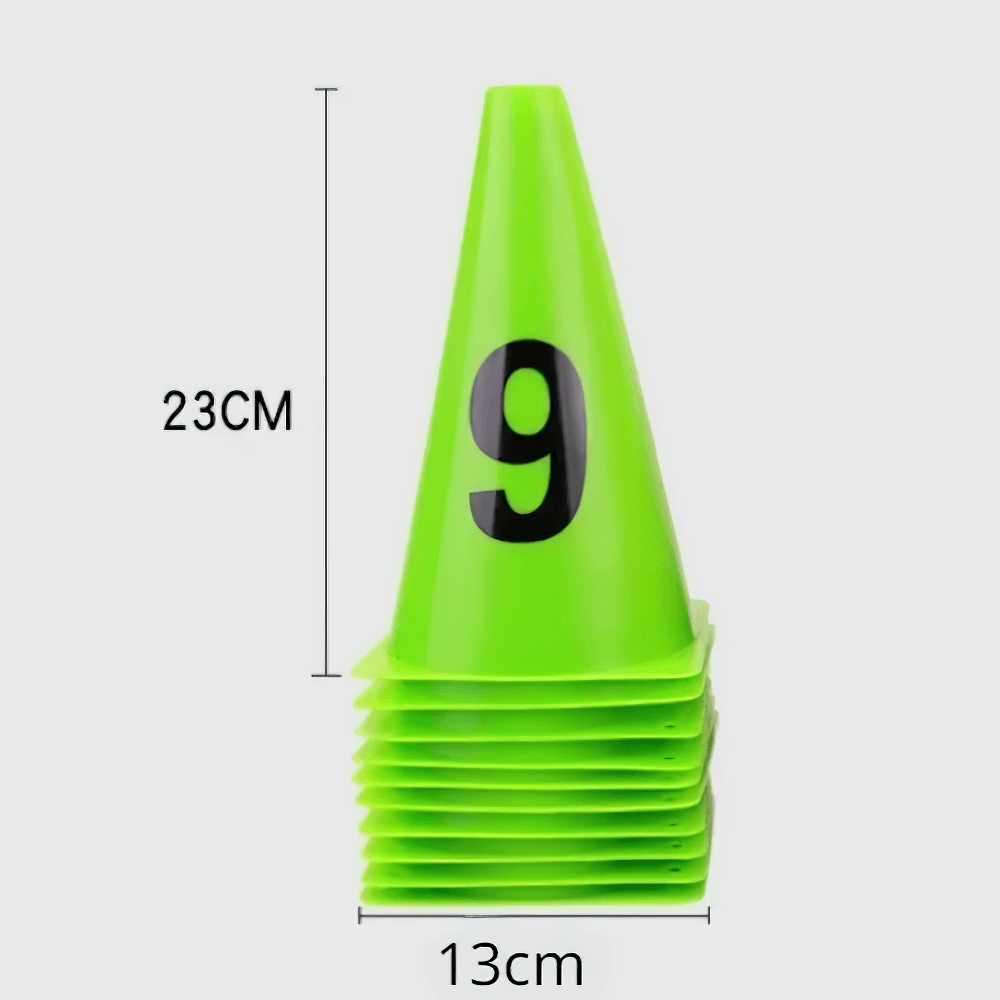 Stack of 10 bright green numbered football training cones, each 23cm tall, ideal for agility and sports drills, comes with a mesh bag.