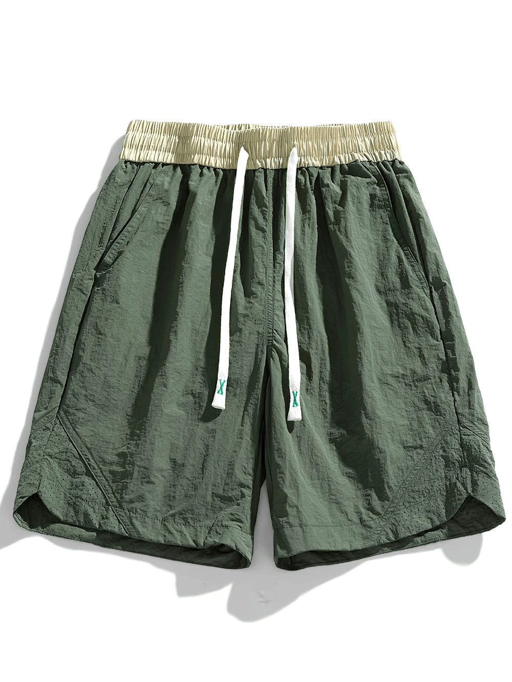 Alt Tag: Nylon Lightweight Running Shorts For Men - SF4465 olive green nylon shorts with elastic waistband and white drawstring
