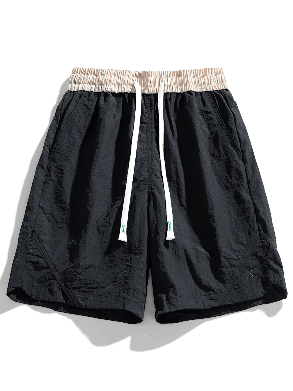 Alt Tag: Nylon Lightweight Running Shorts For Men - SF4465 black nylon shorts with elastic waist and white drawstring, front view