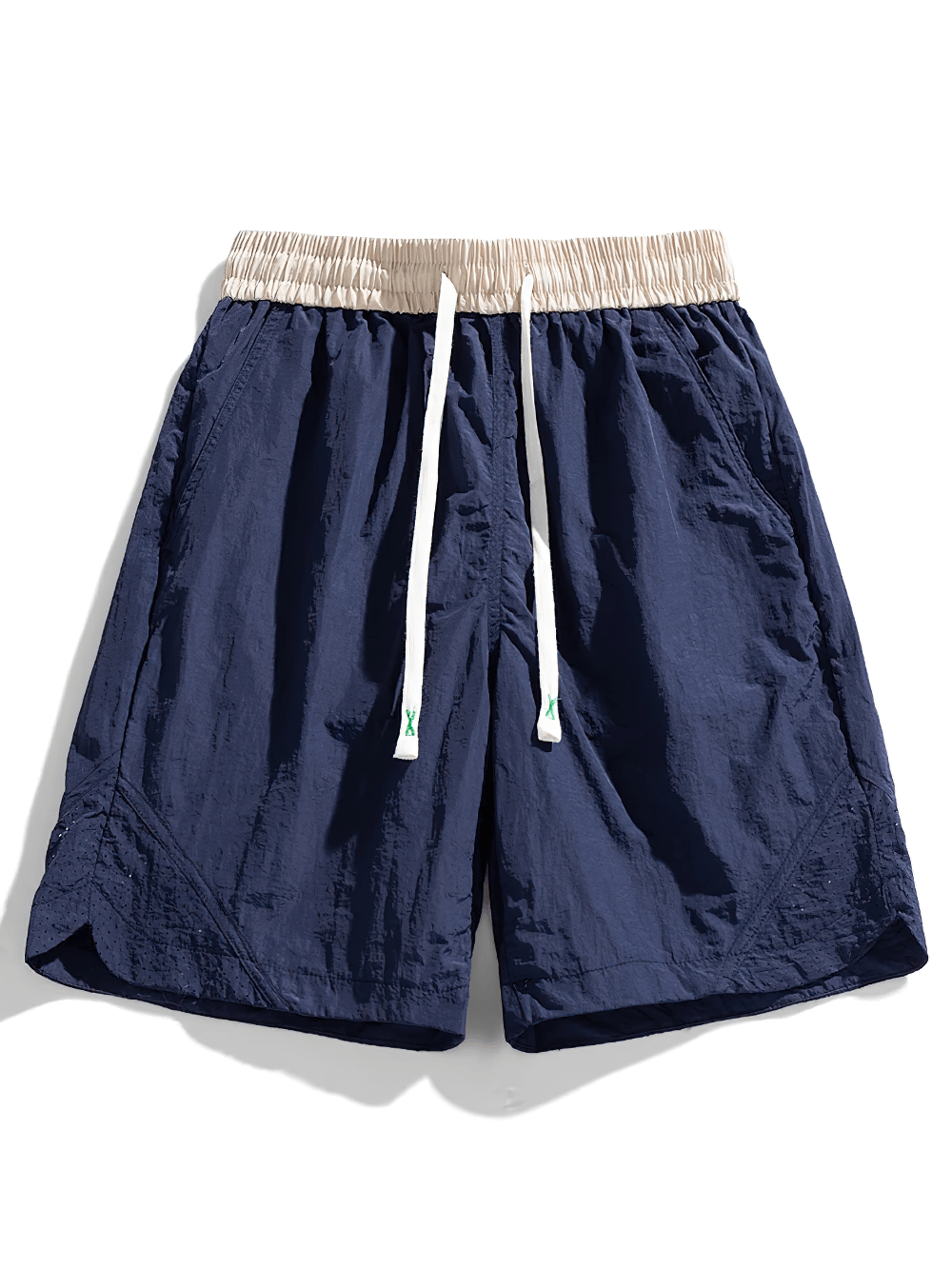Alt Tag: Nylon Lightweight Running Shorts For Men - SF4465 navy nylon shorts with beige elastic waistband and white drawstring
