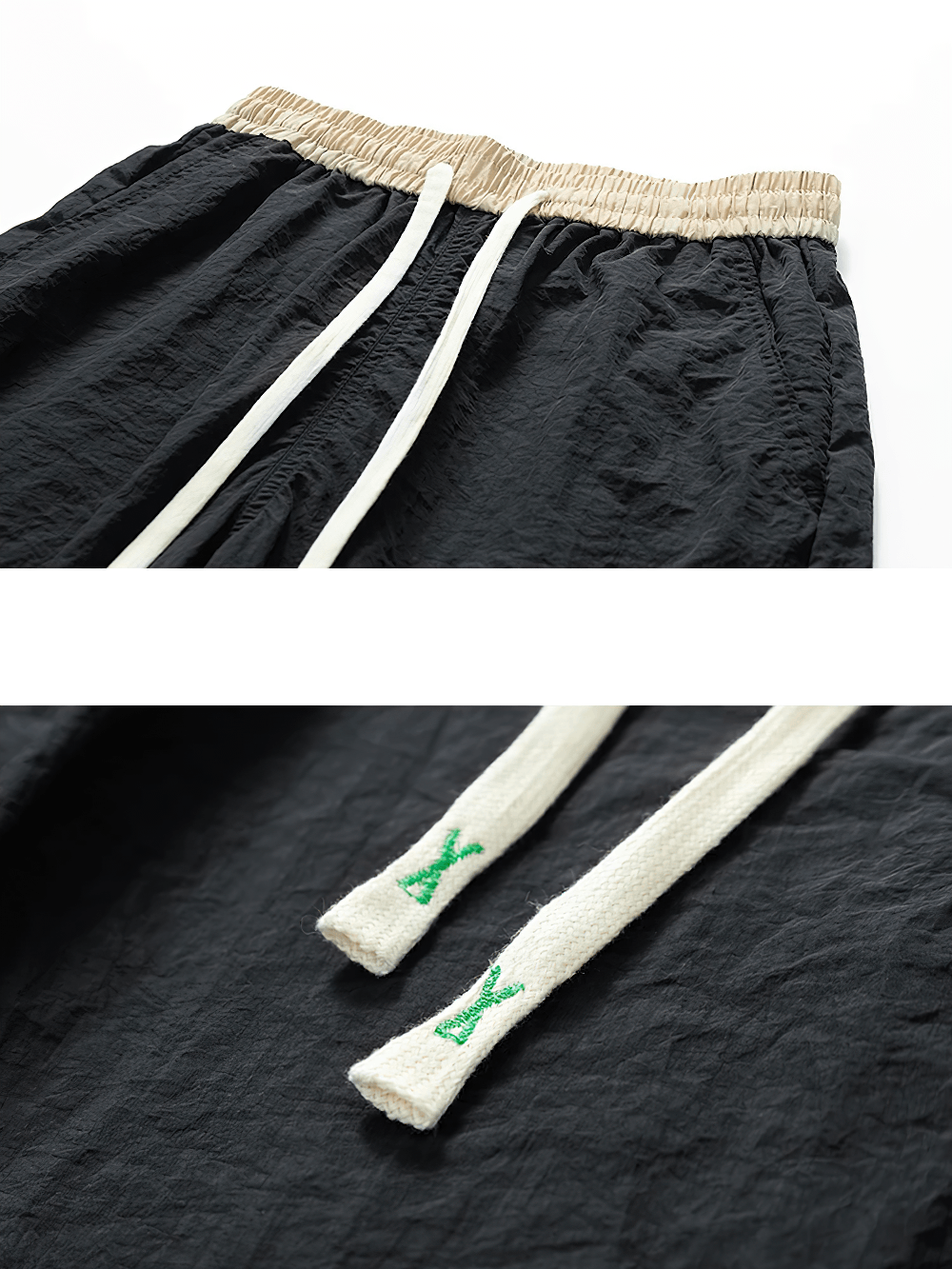 Alt Tag: Nylon Lightweight Running Shorts For Men - SF4465 black nylon shorts close-up with elastic waistband and white drawstring