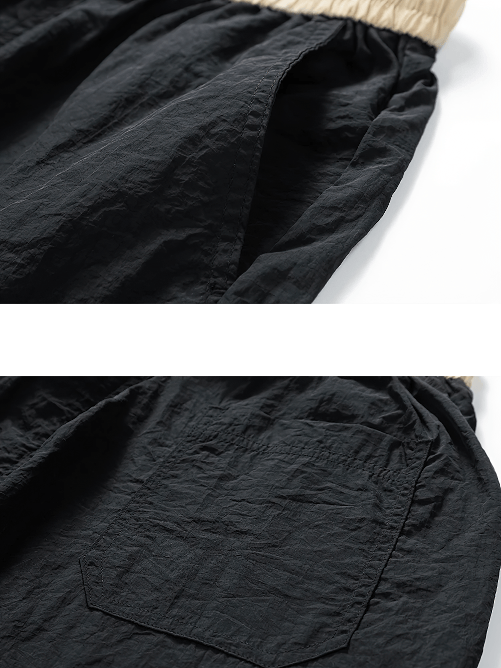 Alt Tag: Nylon Lightweight Running Shorts For Men - SF4465 close-up of black nylon shorts with elastic waistband, side pocket and back patch pocket