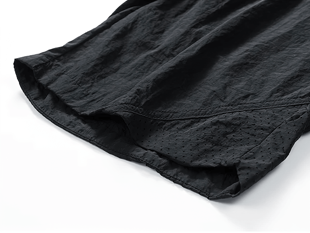 Alt Tag: Nylon Lightweight Running Shorts For Men - SF4465 black nylon running shorts hem close-up with breathable perforated panel