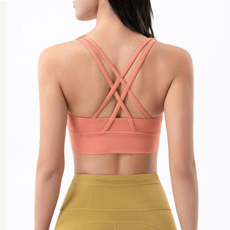 Back view of a woman wearing a peach nylon sports top with cross-shoulder straps, ideal for yoga and fitness.
