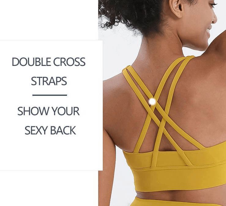 Back view of yellow nylon sports top with cross shoulder straps, designed for women’s fitness, yoga, and gym sessions.