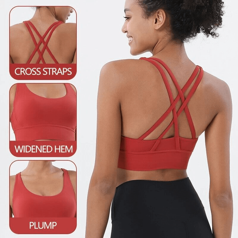 Red nylon sports top with cross shoulder straps back, women's fitness bra for yoga and gym, shown from back and side angles.