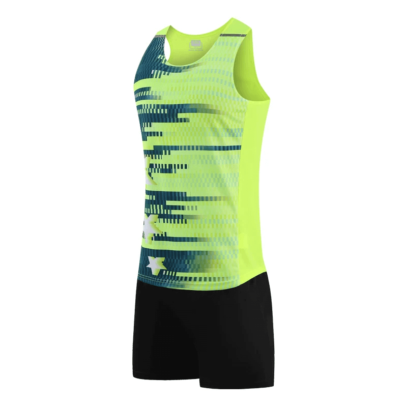 Neon green O-neck tank and black shorts set for men's running, made of breathable polyester with a compression fit for athletic performance.