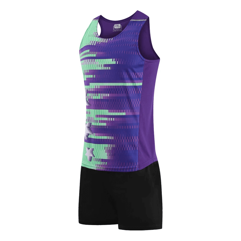 Neon green and purple athletic tank top with black shorts for men, perfect for running and sports. Polyester compression fit, SF2038 model.