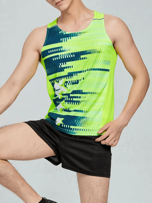 Neon green polyester o-neck tank and black shorts athletic set for men. Perfect for running and workouts. SF2038 model showcased.