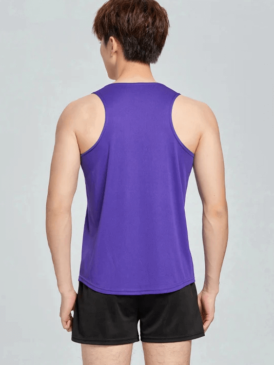 Men's athletic set SF2038 with purple tank and black shorts. Perfect for running and workouts. Breathable polyester with compression fit.
