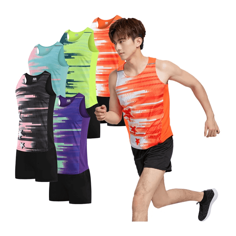 Athletic running set with neon green, orange, and more tank tops and black shorts for men, breathable and perfect for sports.