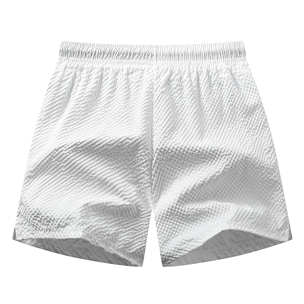 Alt Tag: Ombre Drawstring Swim Shorts with Zipper Pockets - SF4534 men’s white textured swim shorts, elastic waist, above-knee fit