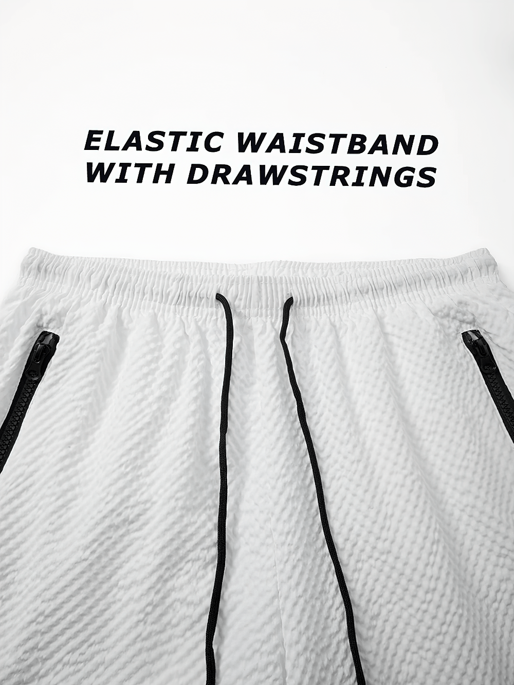 Alt Tag: Ombre Drawstring Swim Shorts with Zipper Pockets - SF4534 elastic waistband with drawstrings, textured ombre swim shorts close-up