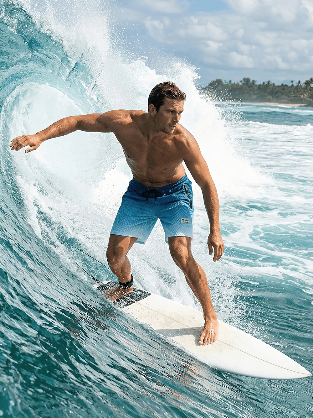 Alt Tag: Ombre Drawstring Swim Shorts with Zipper Pockets - SF4534 blue ombre men’s swim shorts with zipper pockets surfing ocean wave