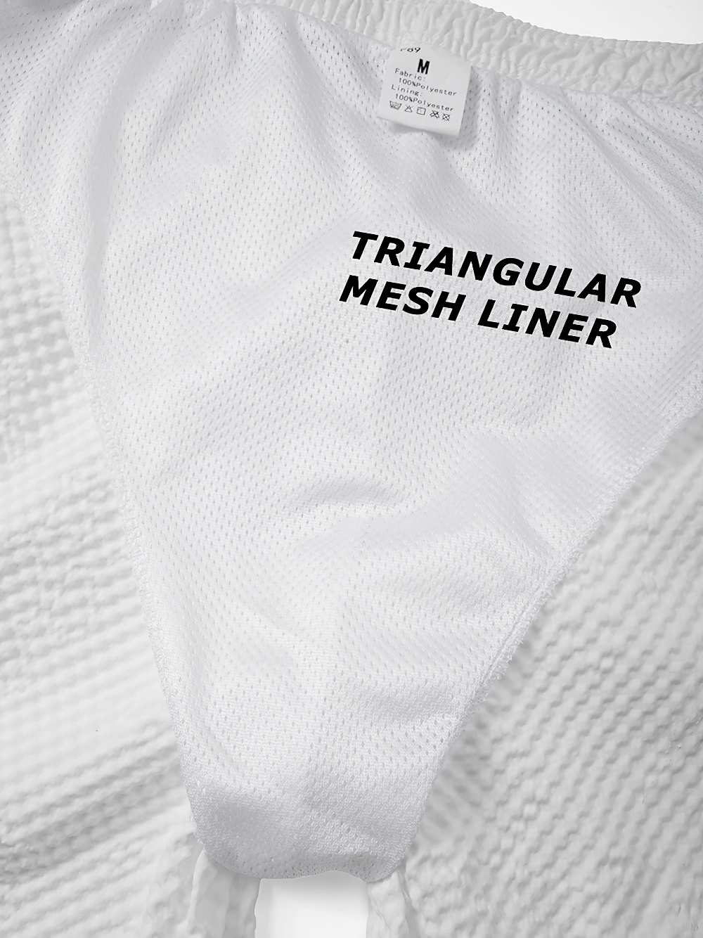 Ombre Drawstring Swim Shorts with Zipper Pockets - SF4534 triangular mesh liner close-up, breathable white lining for comfy beach days