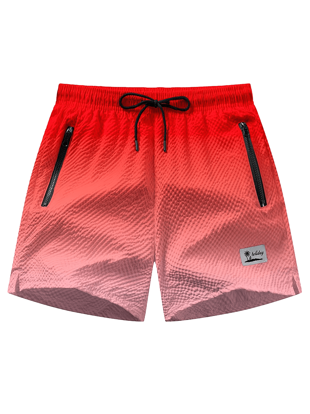 Alt Tag: Ombre Drawstring Swim Shorts with Zipper Pockets - SF4534 red-to-pink gradient swim trunks with drawstring waist and zipper pockets