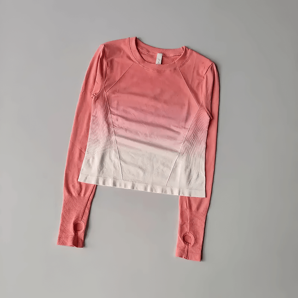 Ombre Gradient Long Sleeve Yoga Top for Women - SF4132, pink and white gradient, breathable activewear, long sleeve design for flexibility.