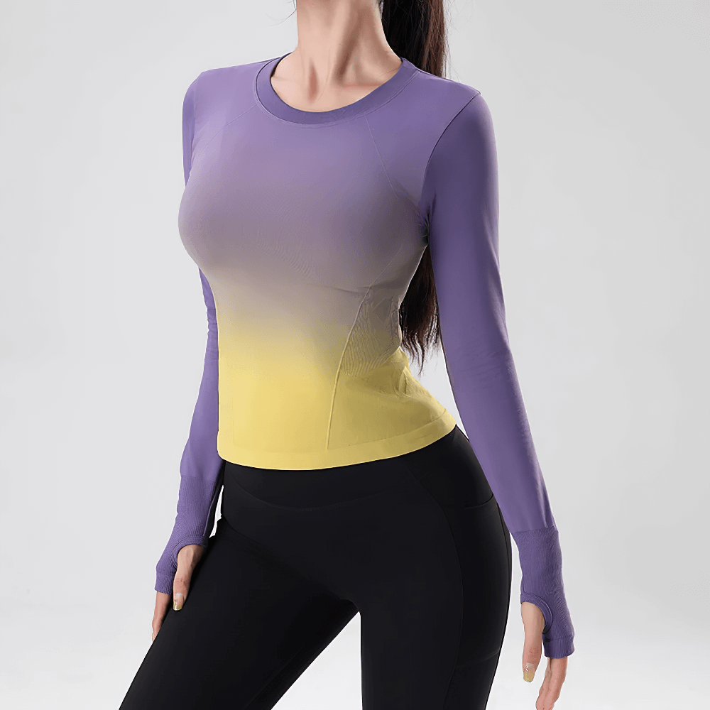 Ombre Gradient Long Sleeve Yoga Top for Women - SF4132 in purple and yellow gradient, perfect for yoga and activewear, breathable and stylish.