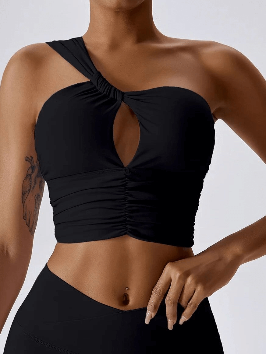 One Shoulder Backless Fitness Yoga Sports Bra in black, featuring stylish design and adjustable strap, ideal for active women.