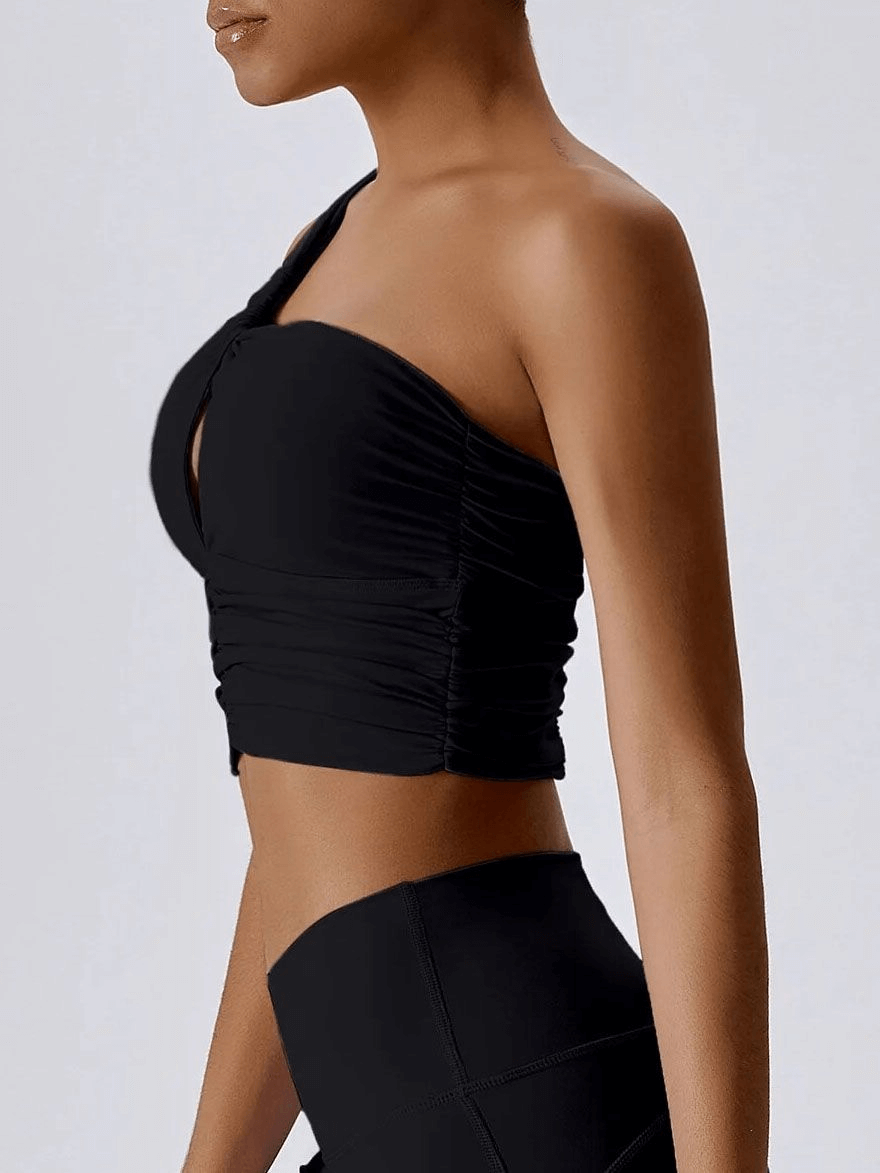 One Shoulder Backless Fitness Yoga Sports Bra in black, featuring breathable nylon and spandex, perfect for female athletes.