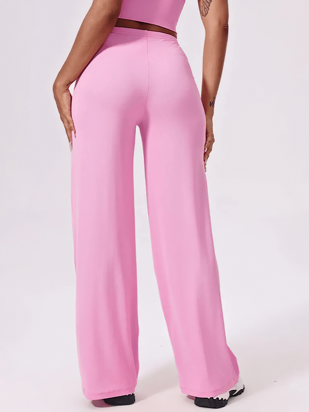 One Shoulder Crop Top and Wide Leg Yoga Pants Set - SF4339 pink wide-leg quick-dry yoga pants back view, flowy drawstring activewear