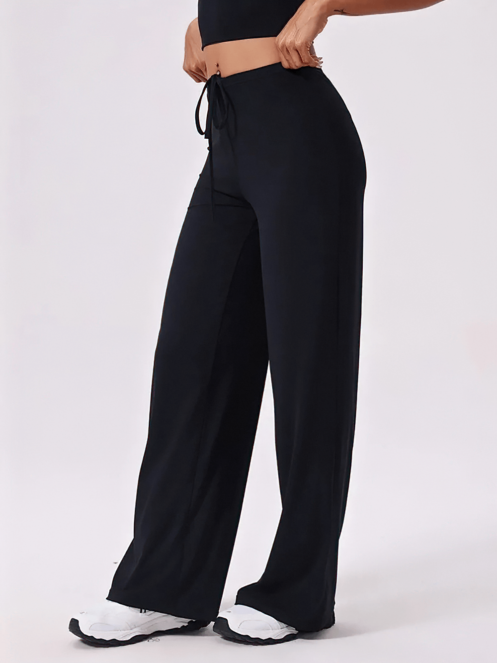 One Shoulder Crop Top and Wide Leg Yoga Pants Set - SF4339 black wide-leg drawstring yoga pants, quick-dry activewear fit