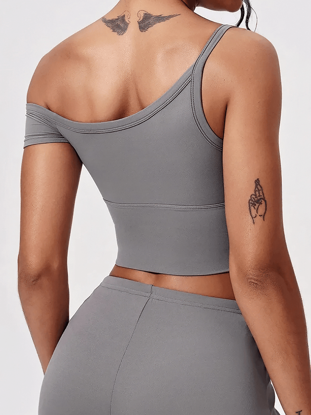 Alt Tag: One Shoulder Crop Top and Wide Leg Yoga Pants Set - SF4339 quick-dry one-shoulder crop top and flowy wide-leg pants, back view