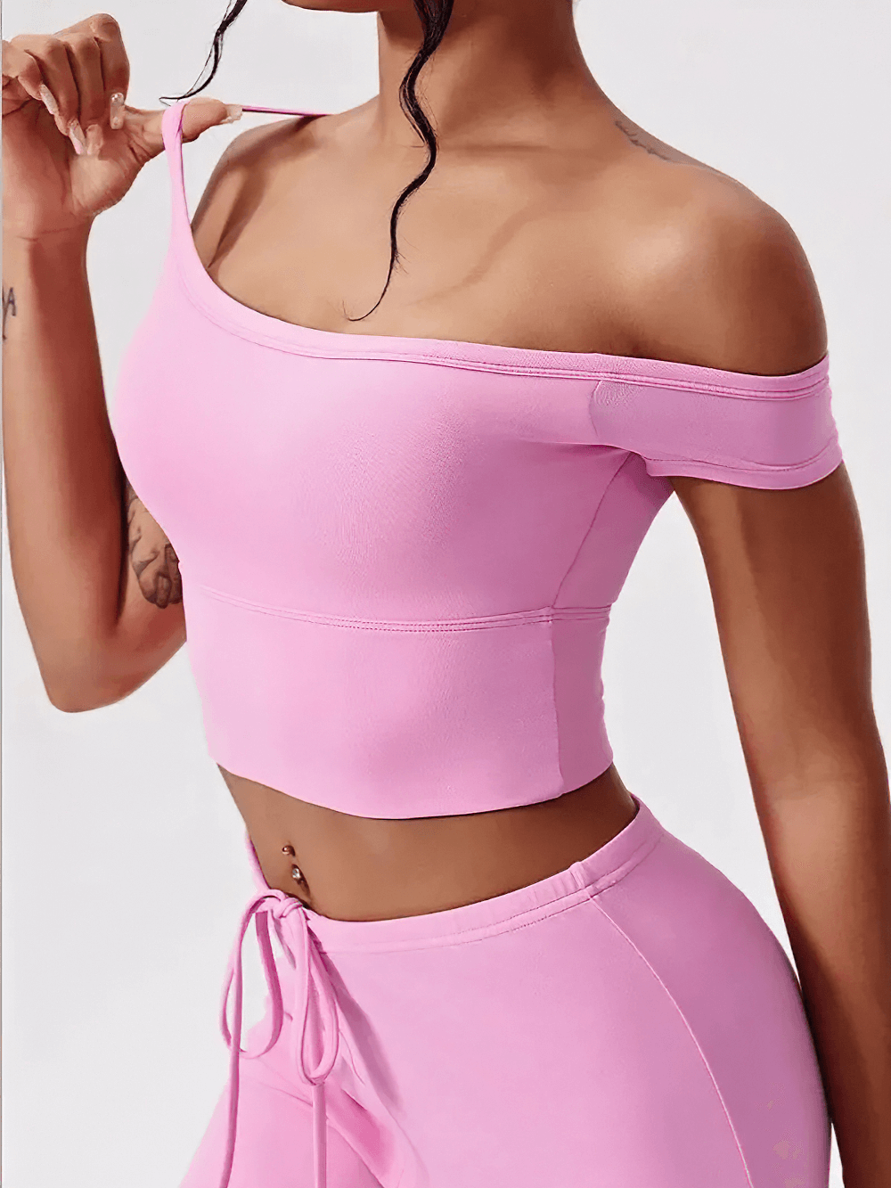 Alt Tag: One Shoulder Crop Top and Wide Leg Yoga Pants Set - SF4339 pink quick-dry one-shoulder crop top with drawstring wide-leg yoga pants