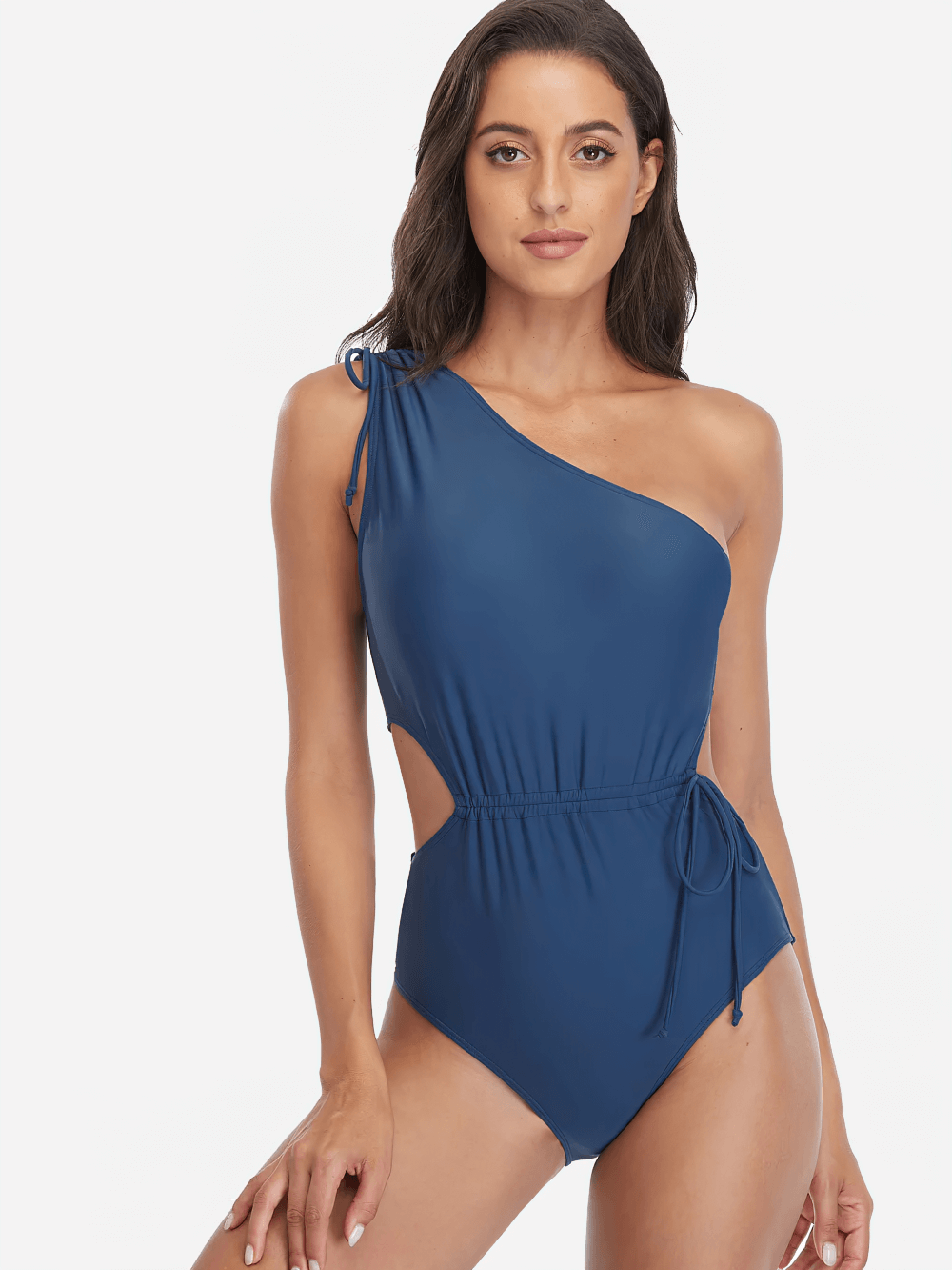 Elegant one-shoulder blue monokini SF2261 with cutout design, perfect for stylish beachwear and flattering fit.