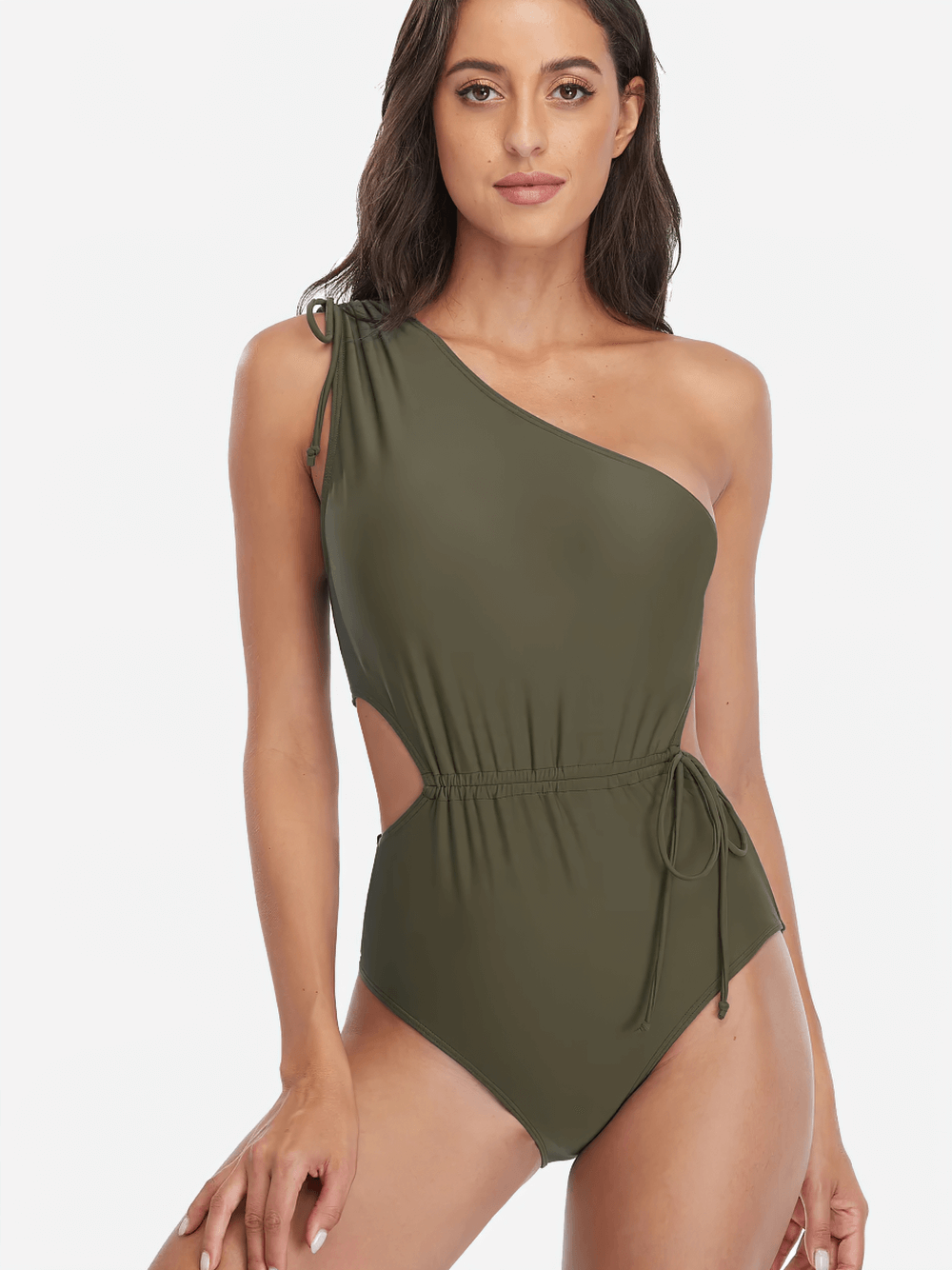 Stylish one-shoulder cutout monokini swimwear in green with tie detail, perfect for modern beachwear fashion, designed for elegance and comfort.