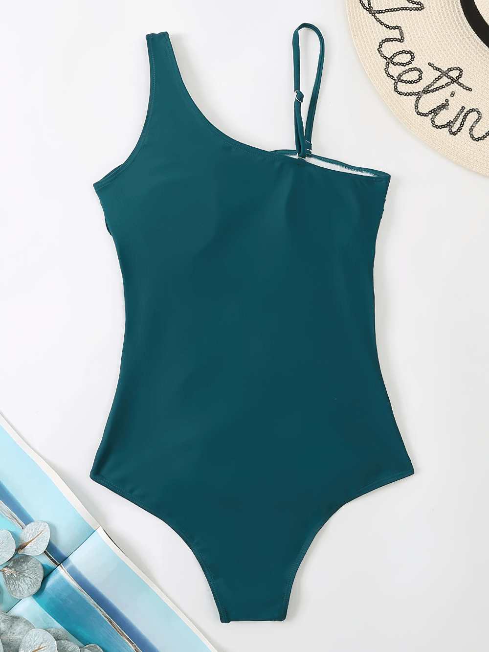 One Shoulder Mesh Panel Monokini Swimsuit - SF4644 in teal color, perfect for beach days and stylish swimwear.