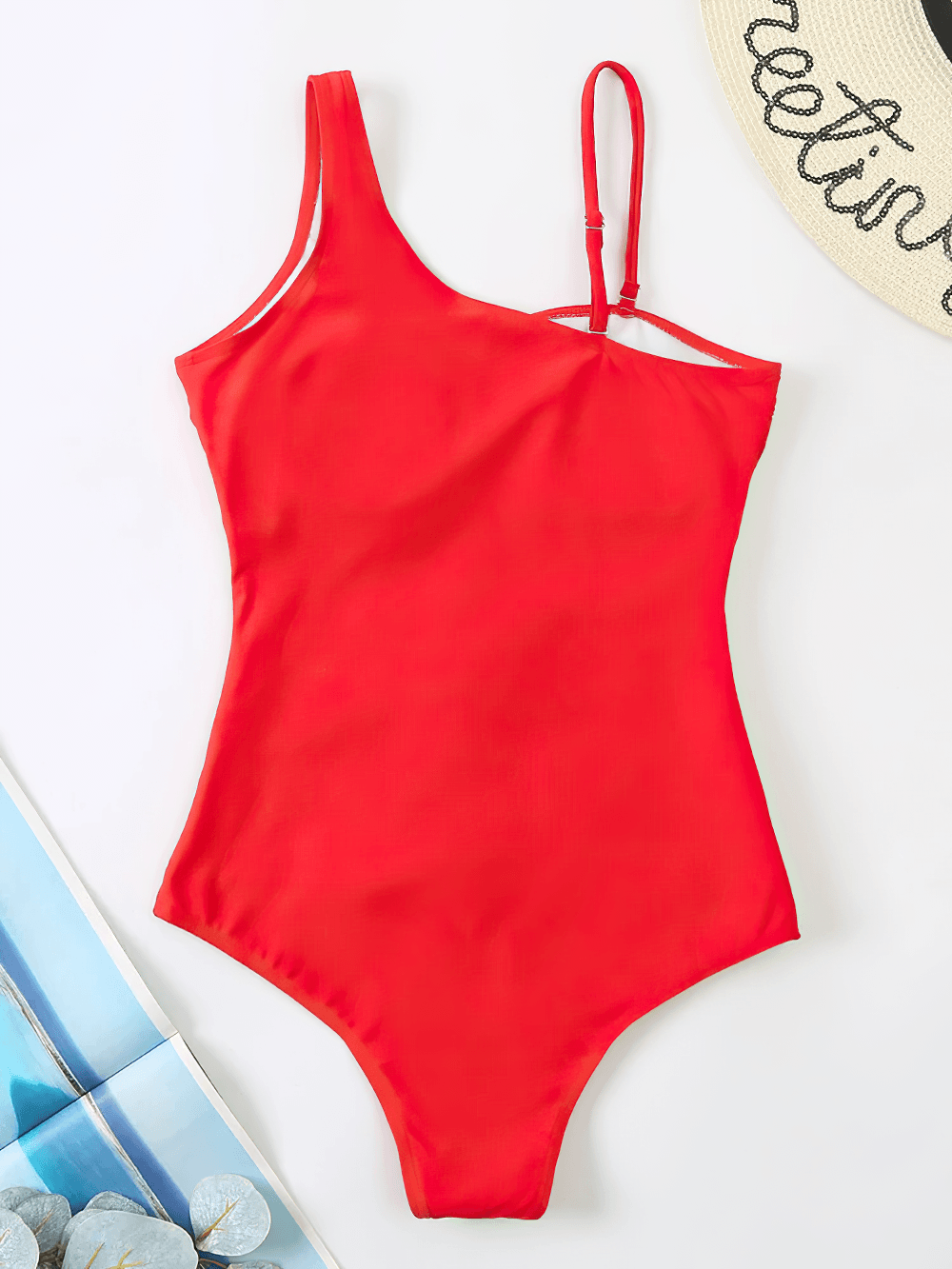 One Shoulder Mesh Panel Monokini Swimsuit - SF4644 in vibrant red with a stylish one-shoulder design.