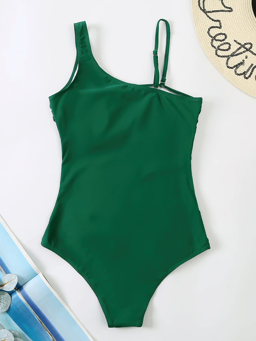 One Shoulder Mesh Panel Monokini Swimsuit - SF4644 in green with adjustable strap for a sleek look.
