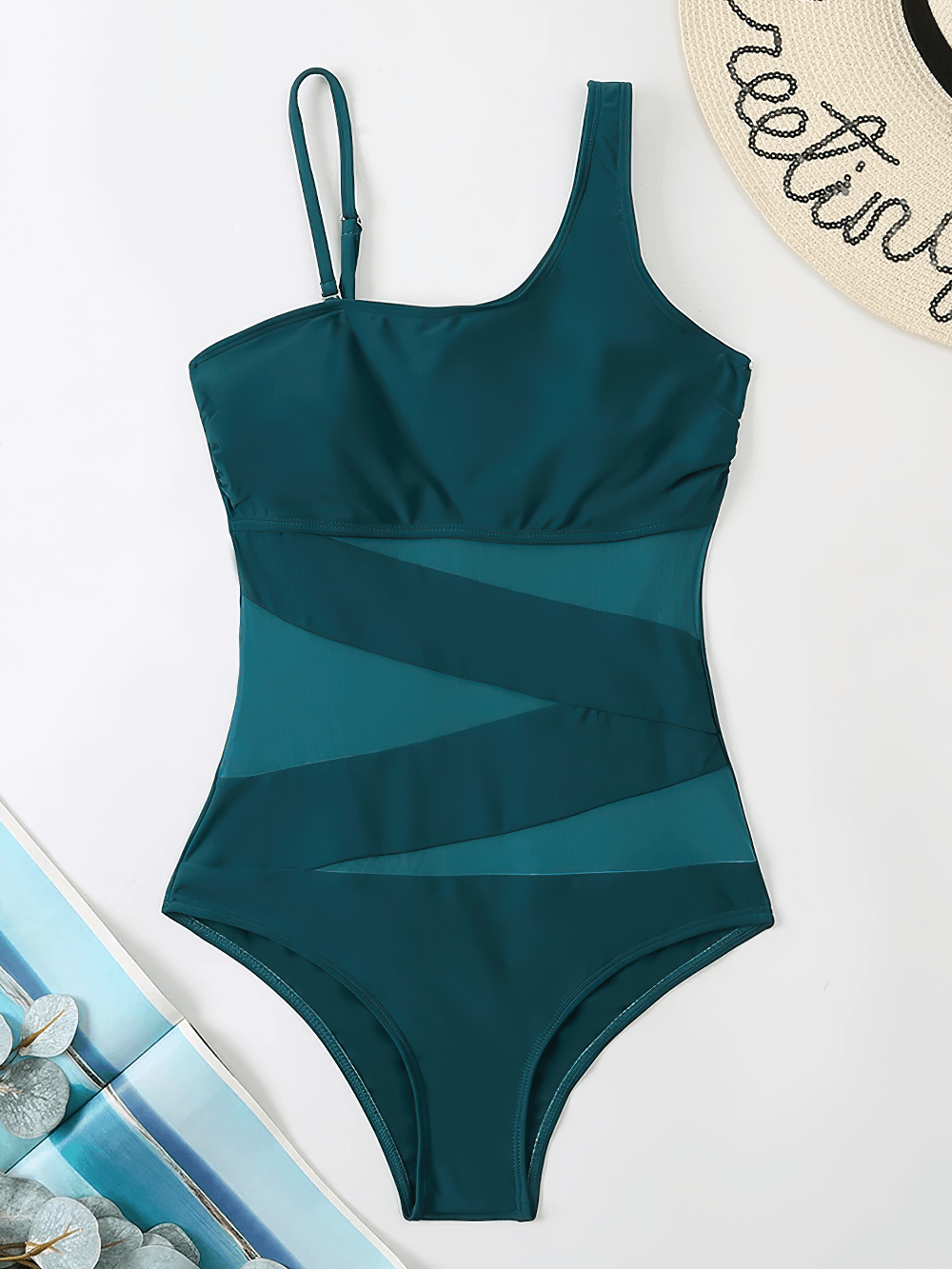 One Shoulder Mesh Panel Monokini Swimsuit - SF4644 in teal green with sheer mesh panels and adjustable strap.