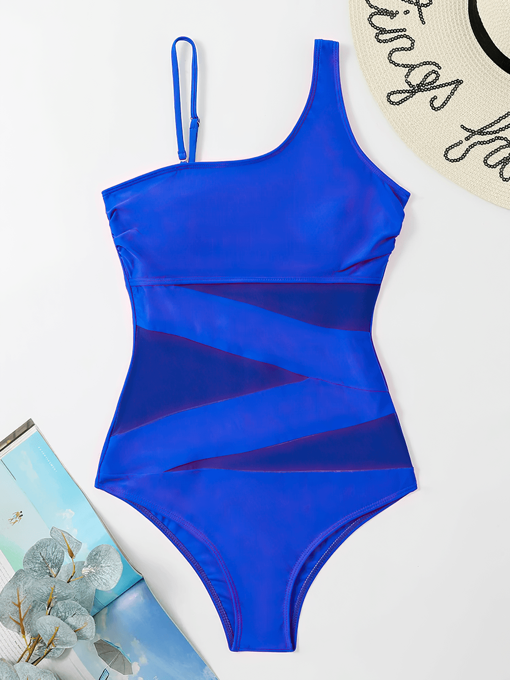 One Shoulder Mesh Panel Monokini Swimsuit - SF4644 in vibrant blue with sheer mesh panels for a stylish beach look.
